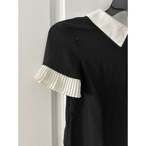 CECE Women's Short Sleeve Color Blocked Collared Blouse Black and White - Picture 4 of 12